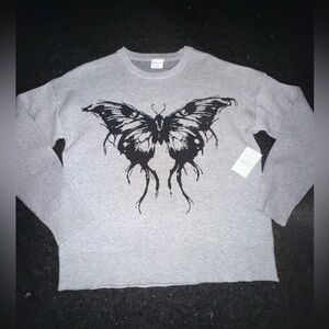 NEW NIKKA K GREY THICK SWEATER BLACK BUTTERFLY MOTH PRINT SZ SMALL